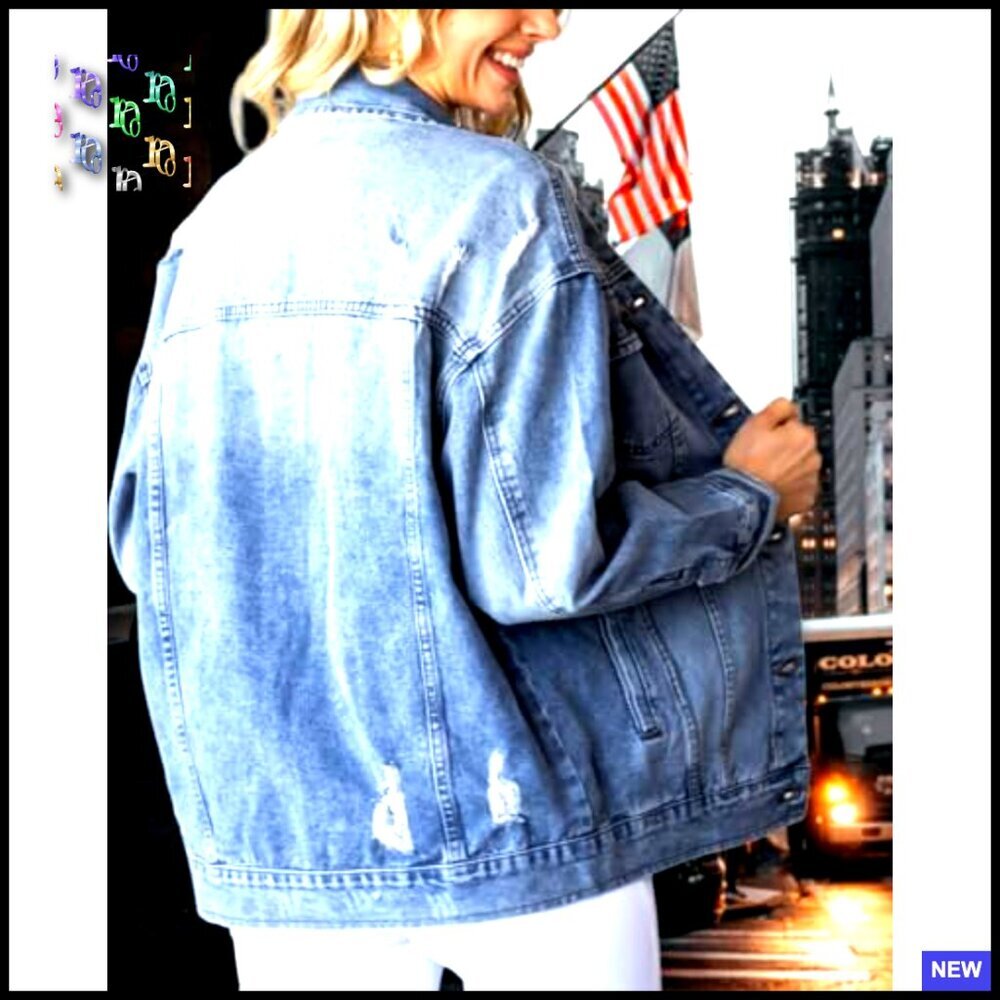 Oversized Denim Jacket Distressed Ripped Drop Shoulder Casual Coat Women's - Picture 4 of 7